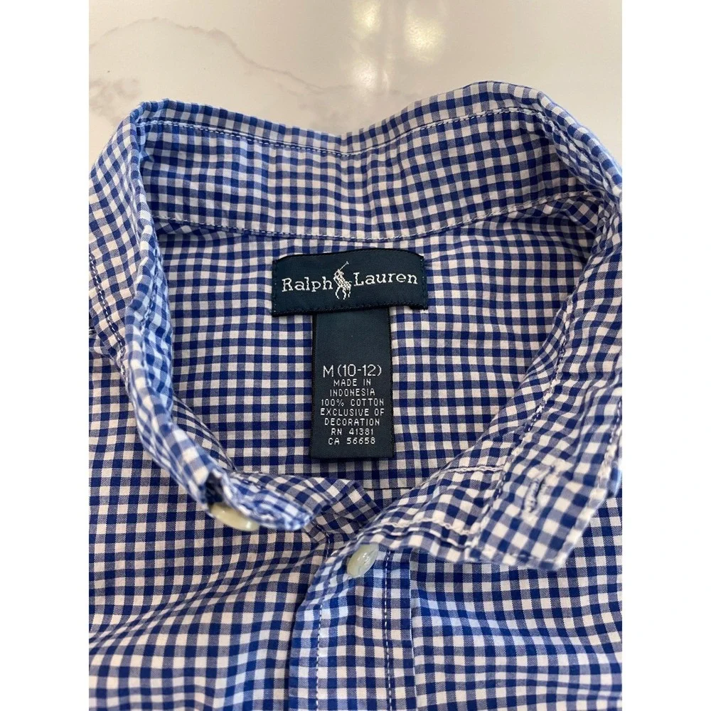 Ralph Lauren Boys Blue Gingham Cotton Button Down Shirt Size M 10-12 Long Sleeve